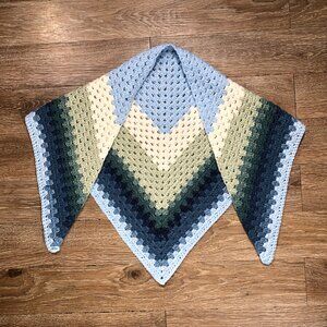 Vintage Handmade Knit Crochet Prayer Shawl Cottagecore Grandma Earth Tones Blue